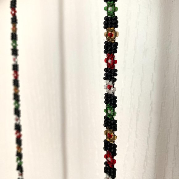 Hungarian Skinny Beaded Scarf Necklace with Black, Green, Red, White Bead Detail - Picture 4 of 12